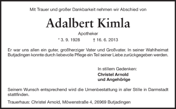 Traueranzeige von Adalbert Kimla von Echo-Zeitungen (Gesamtausgabe)