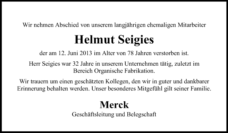  Traueranzeige für Helmut Seigies vom 19.06.2013 aus Echo-Zeitungen (Gesamtausgabe)