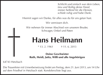 Traueranzeige von Hans Heilmann von Odenwälder Echo