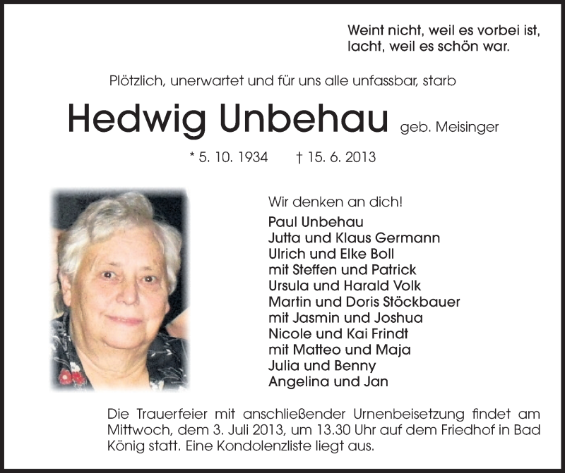  Traueranzeige für Hedwig Unbehau vom 29.06.2013 aus Odenwälder Echo
