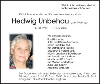 Traueranzeige von Hedwig Unbehau von Odenwälder Echo