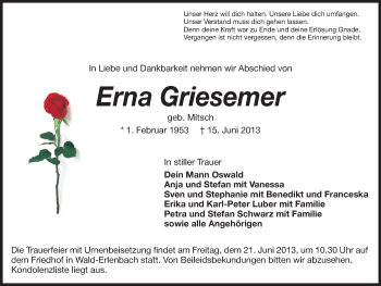 Traueranzeige von Erna Griesemer von Starkenburger Echo