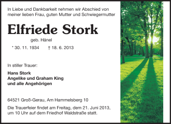 Traueranzeige von Elfriede Stork von Rüsselsheimer Echo, Groß-Gerauer-Echo, Ried Echo
