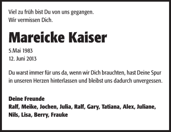 Traueranzeige von Mareicke Kaiser von Echo-Zeitungen (Gesamtausgabe)