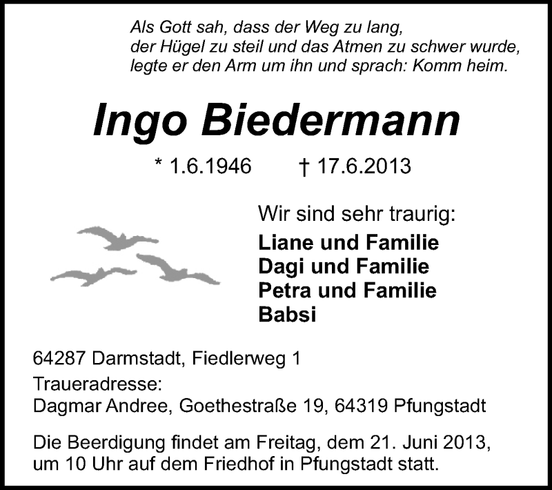  Traueranzeige für Ingo Biedermann vom 19.06.2013 aus Echo-Zeitungen (Gesamtausgabe)