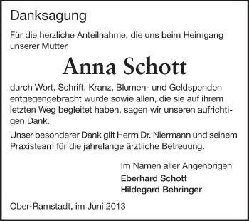 Traueranzeige von Anna Schott von Echo-Zeitungen (Gesamtausgabe)