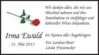 Traueranzeige von Irma Ewald von Rüsselsheimer Echo, Groß-Gerauer-Echo, Ried Echo
