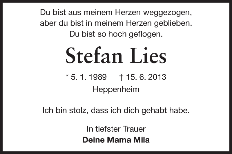  Traueranzeige für Stefan Lies vom 20.06.2013 aus Echo-Zeitungen (Gesamtausgabe)