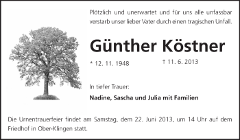 Traueranzeige von Günther Köstner von Odenwälder Echo