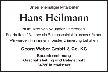Traueranzeige von Hans Heilmann von Odenwälder Echo