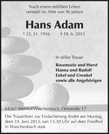Traueranzeige von Hans Adam von Echo-Zeitungen (Gesamtausgabe)