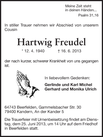 Traueranzeige von Hartwig Freudel von Odenwälder Echo
