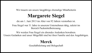 Traueranzeige von Margarete Siegel von Echo-Zeitungen (Gesamtausgabe)