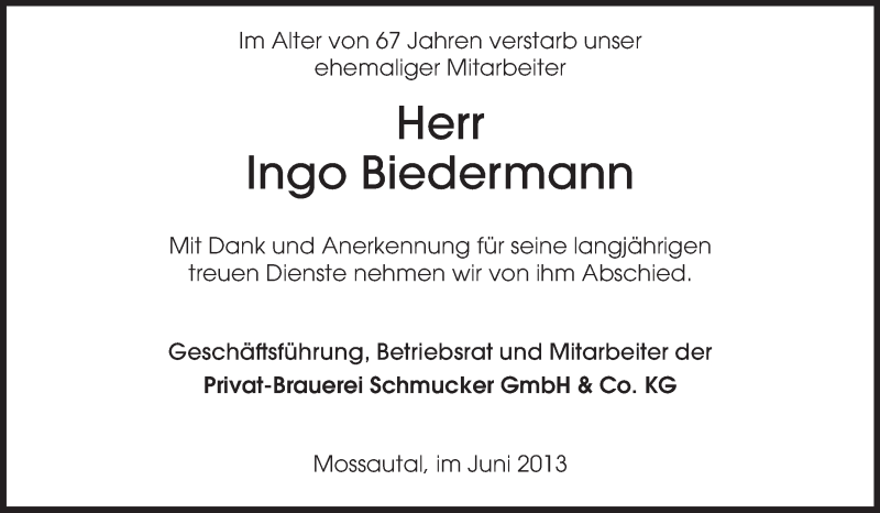  Traueranzeige für Ingo Biedermann vom 20.06.2013 aus Odenwälder Echo