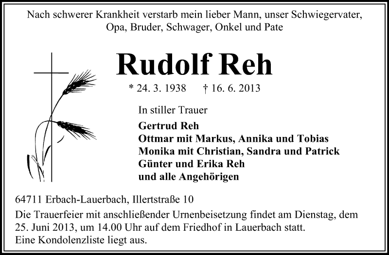 Traueranzeige für Rudolf Reh vom 21.06.2013 aus Odenwälder Echo