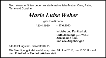 Traueranzeige von Marie Luise Weber von Echo-Zeitungen (Gesamtausgabe)