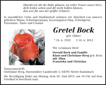 Traueranzeige von Gretel Bock von Odenwälder Echo