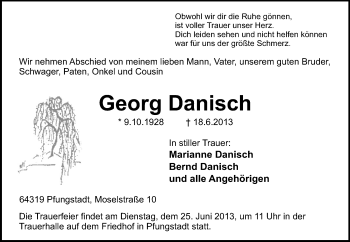 Traueranzeige von Georg Danisch von Echo-Zeitungen (Gesamtausgabe)