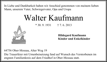 Traueranzeige von Walter Kaufmann von Odenwälder Echo