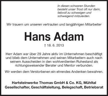 Traueranzeige von Hans Adam von Echo-Zeitungen (Gesamtausgabe)