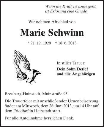 Traueranzeige von Marie Schwinn von Odenwälder Echo