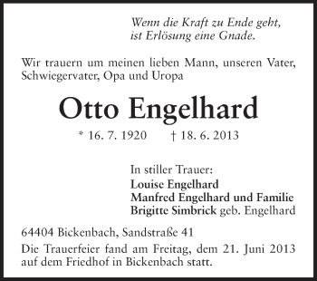 Traueranzeige von Otto Engelhard von Echo-Zeitungen (Gesamtausgabe)