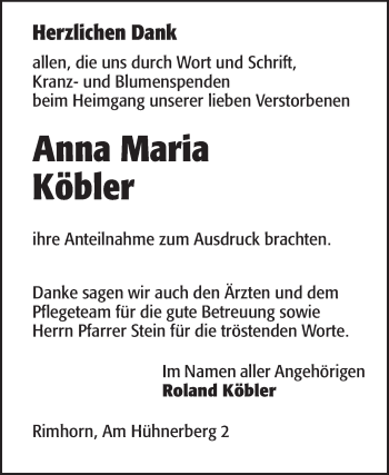 Traueranzeige von Anna Maria Köbler von Odenwälder Echo