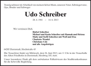 Traueranzeige von Udo Schreiber von Darmstädter Echo, Odenwälder Echo, Rüsselsheimer Echo, Groß-Gerauer-Echo, Ried Echo