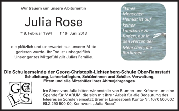 Traueranzeige von Julia Rose von Echo-Zeitungen (Gesamtausgabe)