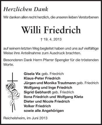 Traueranzeige von Willi Friedrich von Odenwälder Echo