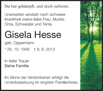 Traueranzeige von Gisela Hesse von Echo-Zeitungen (Gesamtausgabe)