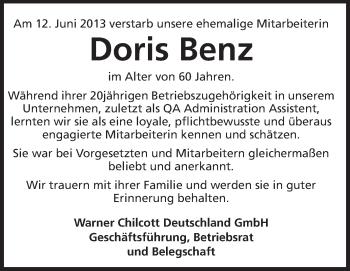 Traueranzeige von Doris Benz von Echo-Zeitungen (Gesamtausgabe)
