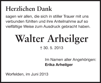 Traueranzeige von Walter Arheilger von Rüsselsheimer Echo, Groß-Gerauer-Echo, Ried Echo
