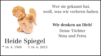 Traueranzeige von Heide Spiegel von Darmstädter Echo, Odenwälder Echo, Rüsselsheimer Echo, Groß-Gerauer-Echo, Ried Echo