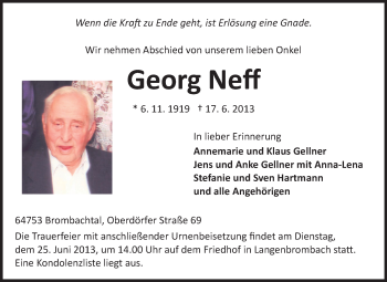 Traueranzeige von Georg Neff von Odenwälder Echo