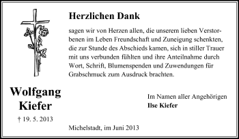 Traueranzeige von Wolfgang Kiefer von Odenwälder Echo