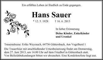 Traueranzeige von Hans Sauer von Odenwälder Echo