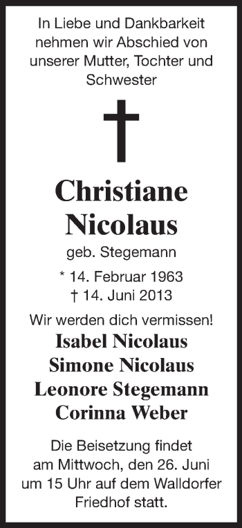 Traueranzeige von Christiane Nicolaus von Echo-Zeitungen (Gesamtausgabe)