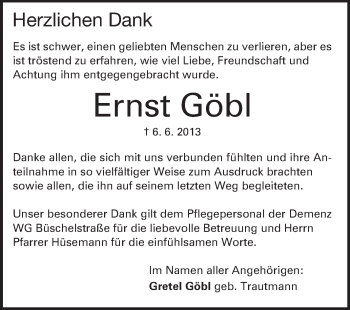 Traueranzeige von Ernst Göbl von Echo-Zeitungen (Gesamtausgabe)