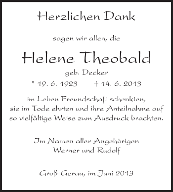 Traueranzeige von Helene Theobald von Rüsselsheimer Echo, Groß-Gerauer-Echo, Ried Echo