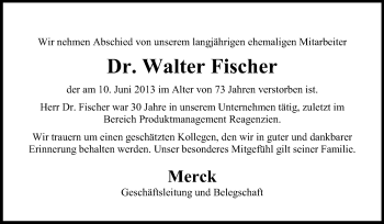 Traueranzeige von Walter Fischer von Echo-Zeitungen (Gesamtausgabe)