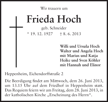 Traueranzeige von Frieda Hoch von Starkenburger Echo