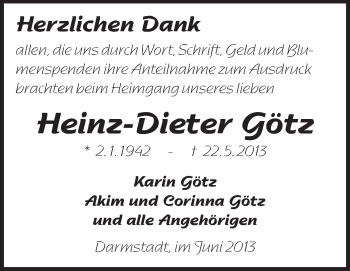 Traueranzeige von Heinz-Dieter Götz von Echo-Zeitungen (Gesamtausgabe)
