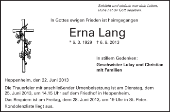 Traueranzeige von Erna Lang von Starkenburger Echo