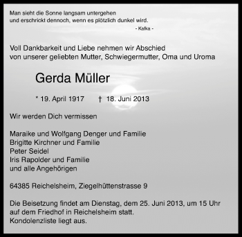 Traueranzeige von Gerda Müller von Echo-Zeitungen (Gesamtausgabe)