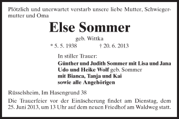 Traueranzeige von Else Sommer von Rüsselsheimer Echo, Groß-Gerauer-Echo, Ried Echo