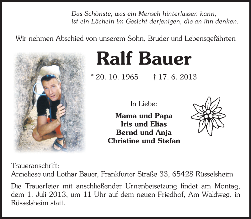  Traueranzeige für Ralf Bauer vom 22.06.2013 aus Rüsselsheimer Echo, Groß-Gerauer-Echo, Ried Echo