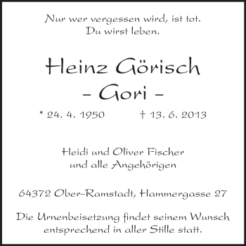 Traueranzeige von Heinz Görisch von Echo-Zeitungen (Gesamtausgabe)