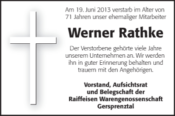 Traueranzeige von Werner Rathke von Odenwälder Echo