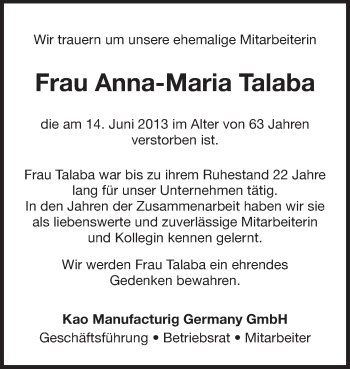 Traueranzeige von Anna-Maria Talaba von Echo-Zeitungen (Gesamtausgabe)